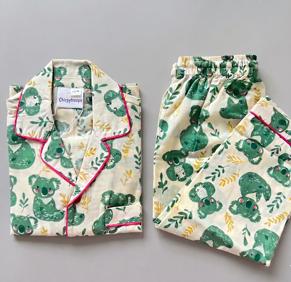 White Night Suit With Green Koala Print