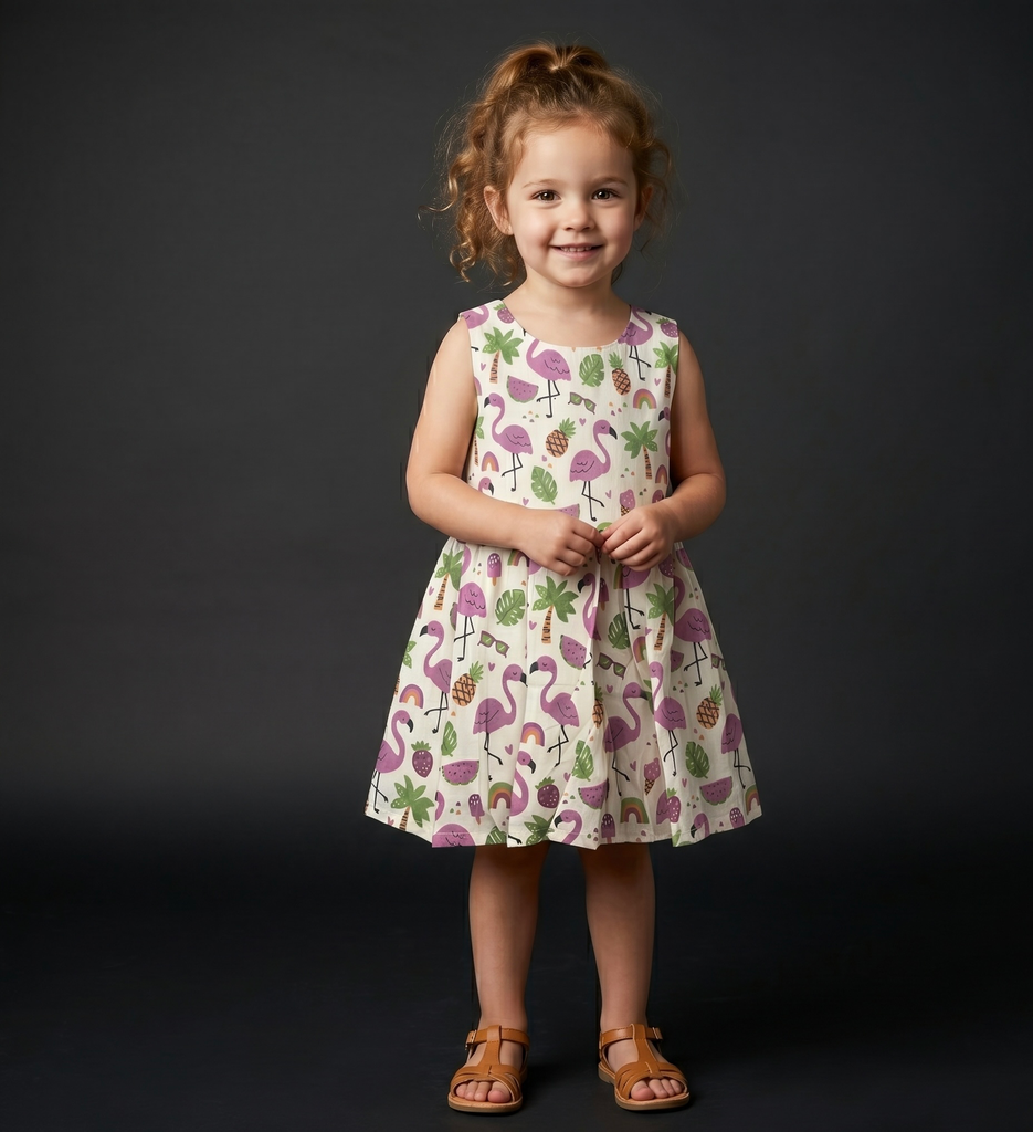 Girls' Flamingo Multi Colour Cotton Frock