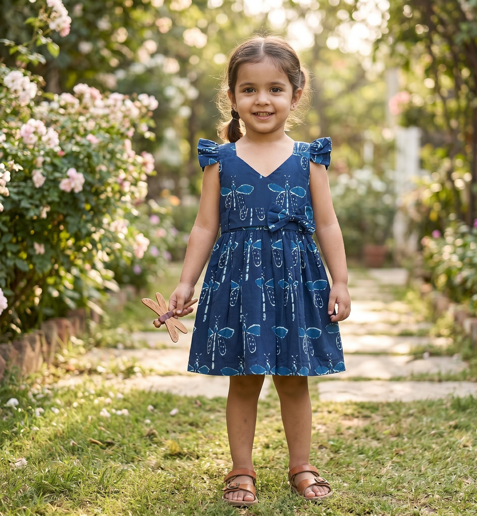 Girls' Indigo DragonFly Block Printed Cotton Frock