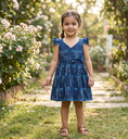 Girls' Indigo DragonFly Block Printed Cotton Frock