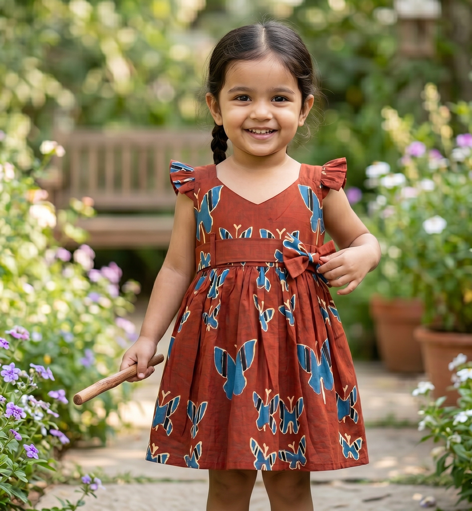 Girls' Maroon Butterfly Block Printed Cotton Frock