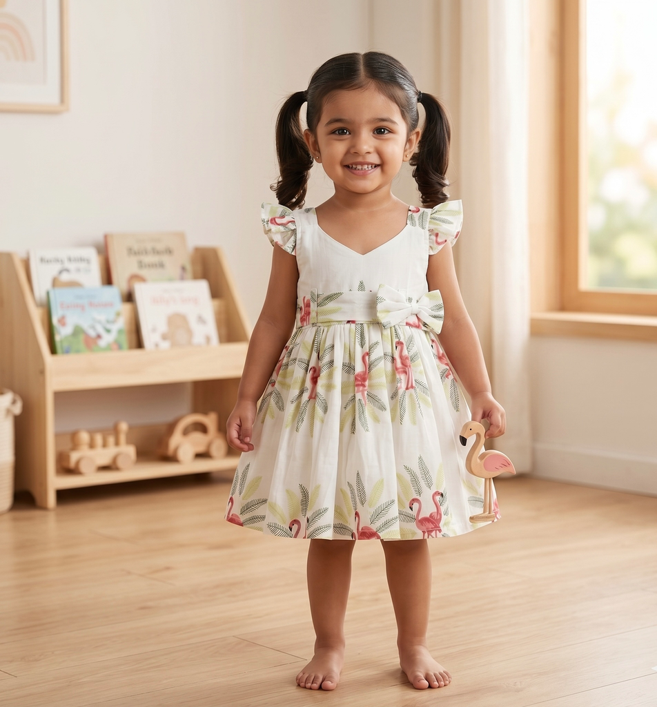 Girls' Pink Flamingo Cotton Frilled Frock