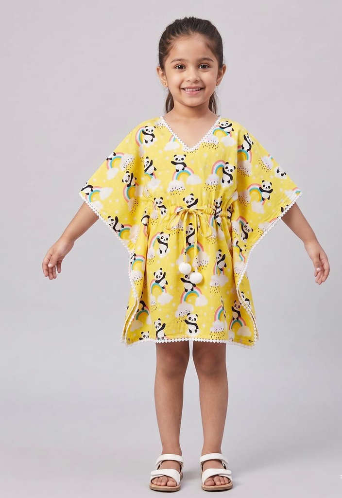 Girls' Yellow Cotton Kaftan With Panda Print
