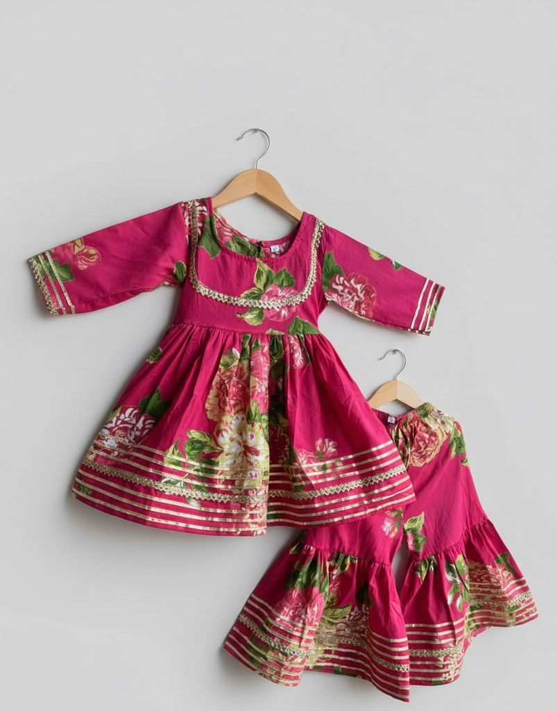 Pink Floral Pure Cotton Gota-Patti Anarkali & Sharara Set (2-3Y)