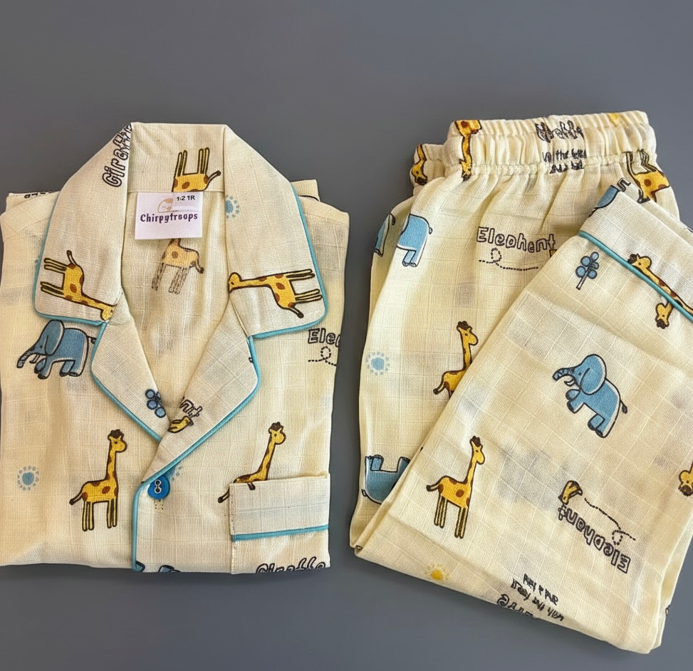 Yellow Giraffe And Elephant Muslin Night Suit (6-12M)