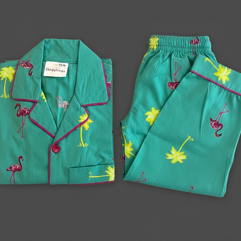 Turquoise Flamingo Poplin Night Suit (1-2)