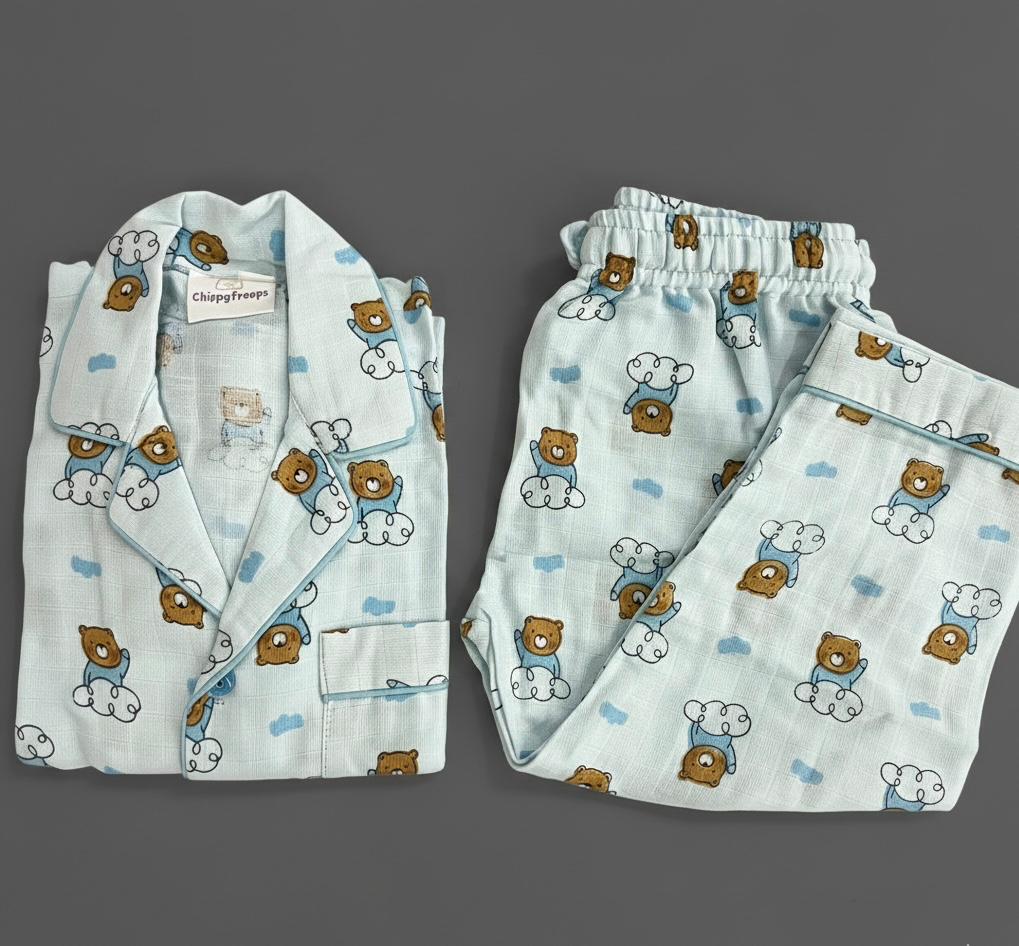 Blue Teddy Muslin Night Suit