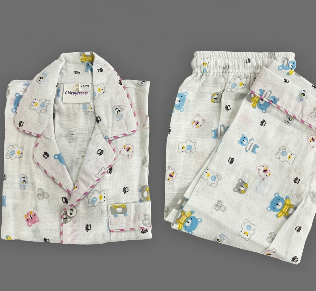 Pink Teddy Muslin Night Suit