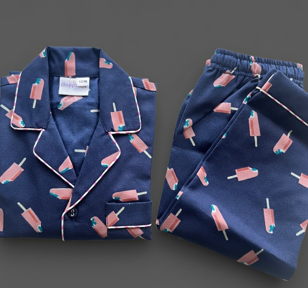 Navy Blue Cotton with Pink Ice Cream Night Suit