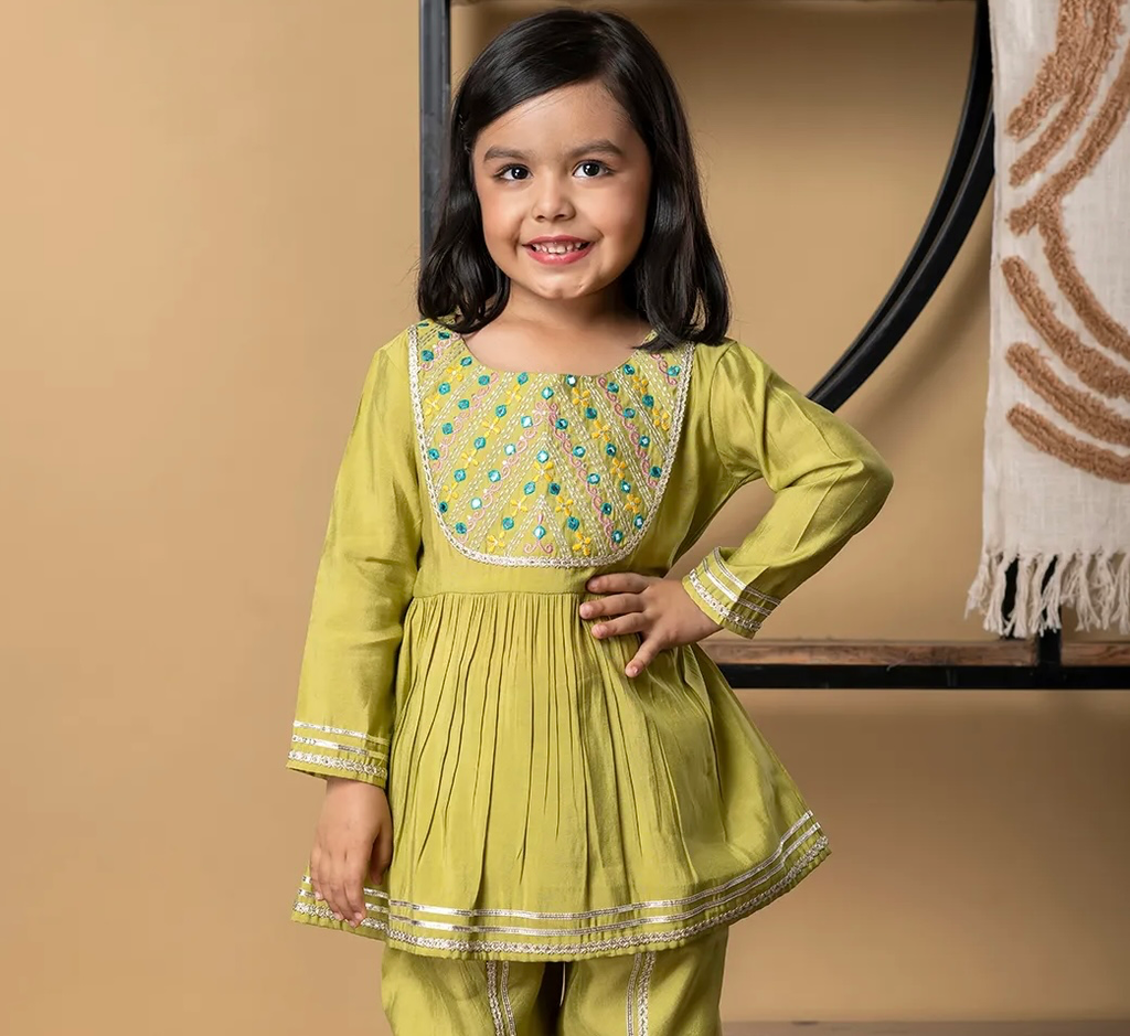 Peplum style roman silk fabric green color kurti with dhoti (6-12M)