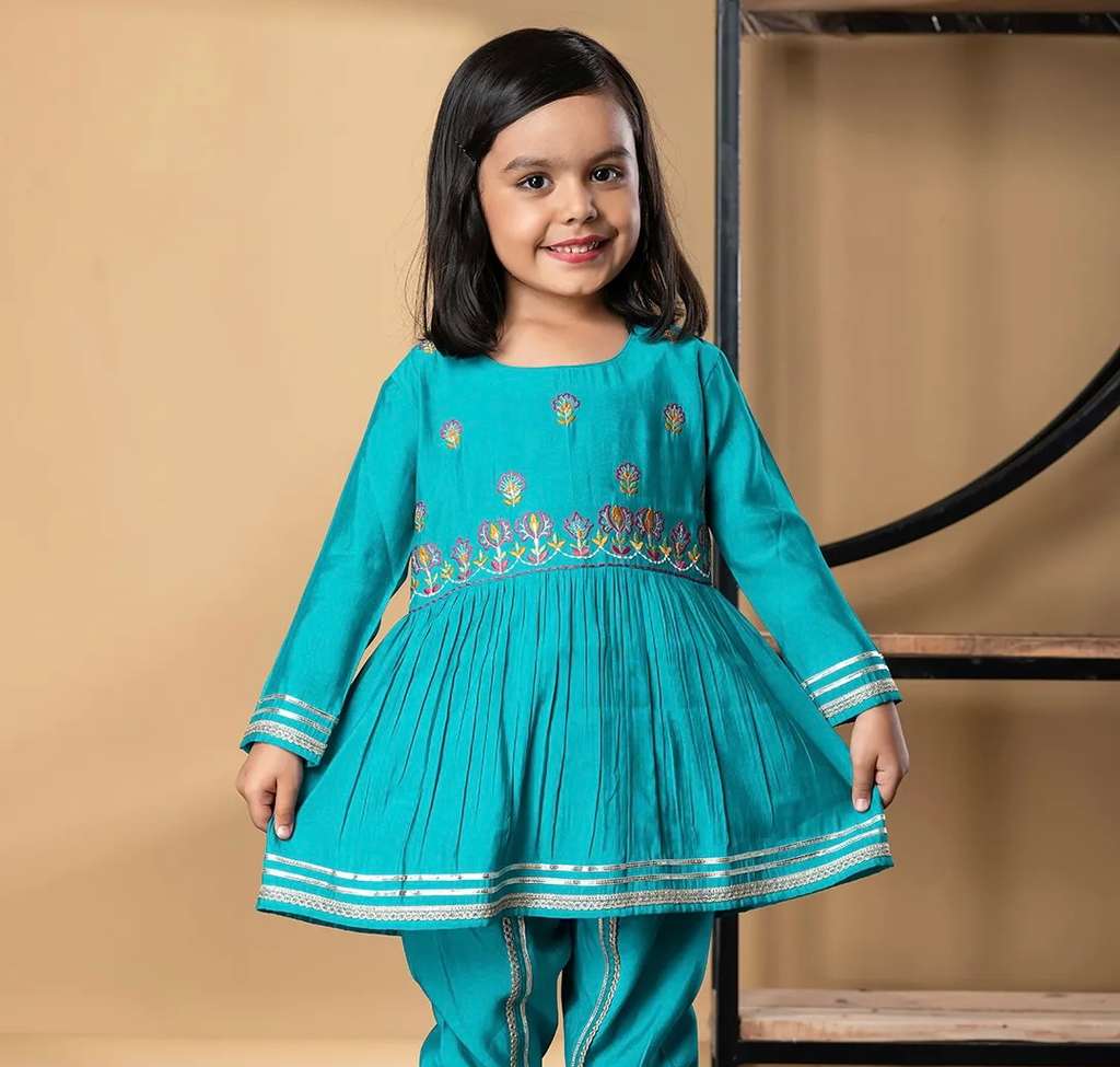 Peplum style roman silk fabric blue color kurti with dhoti (6-12M)