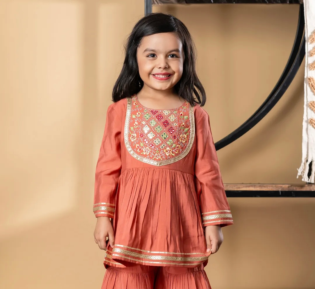 Peplum style roman silk fabric peach color kurti with sharara (6-12M)