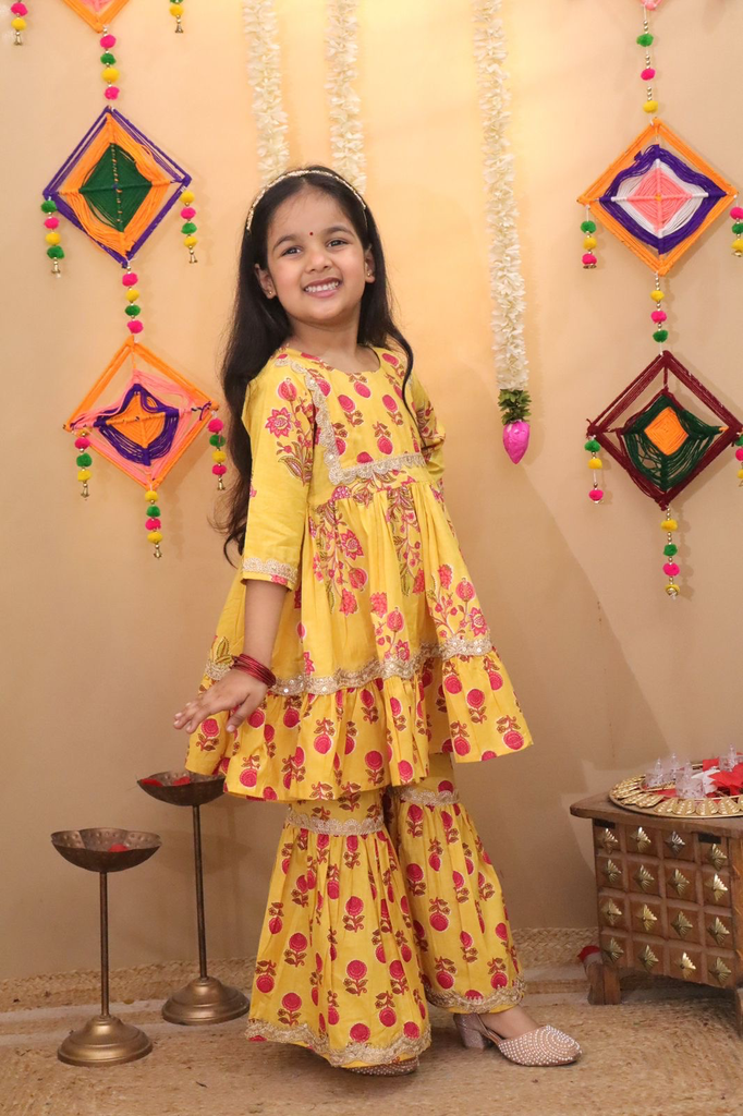 Girls' Yellow Pure Cotton Kurta and Sharara