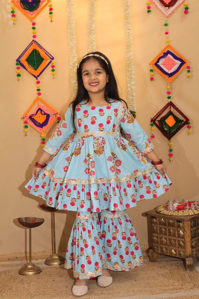 Girls' Blue Pure Cotton Kurta and Sharara