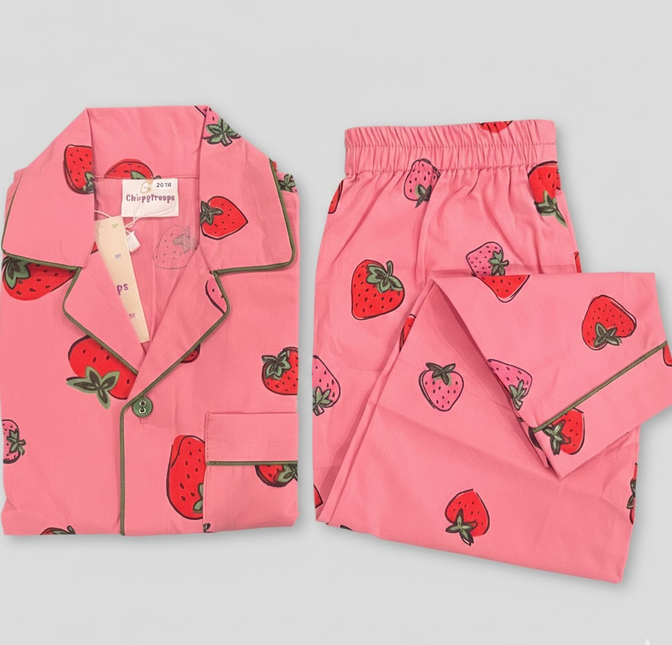 Pink Night Suit with Strawberry Print