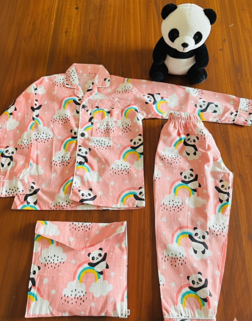 Peach Panda Night Suit With Pouch