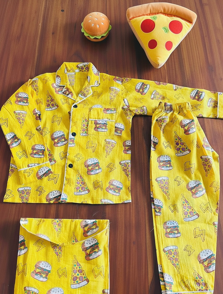 Yellow Burger and Pizza Night Suit With Pouch (11-12)
