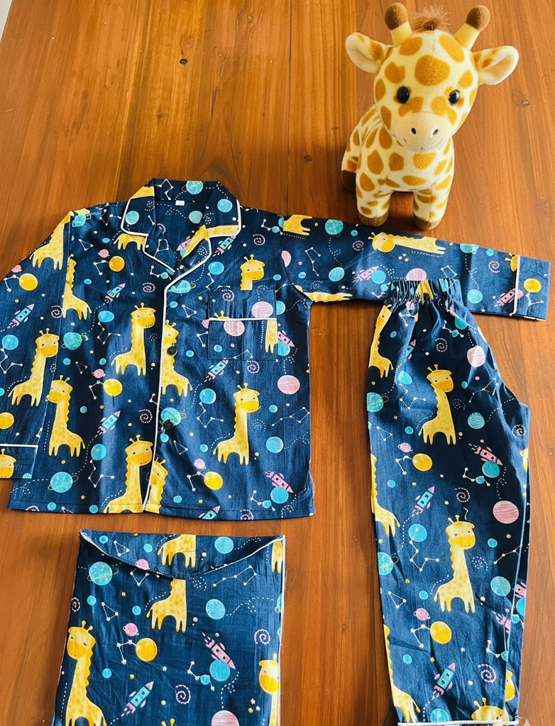 Navy Blue Giraffe Printed Night Suit With Pouch