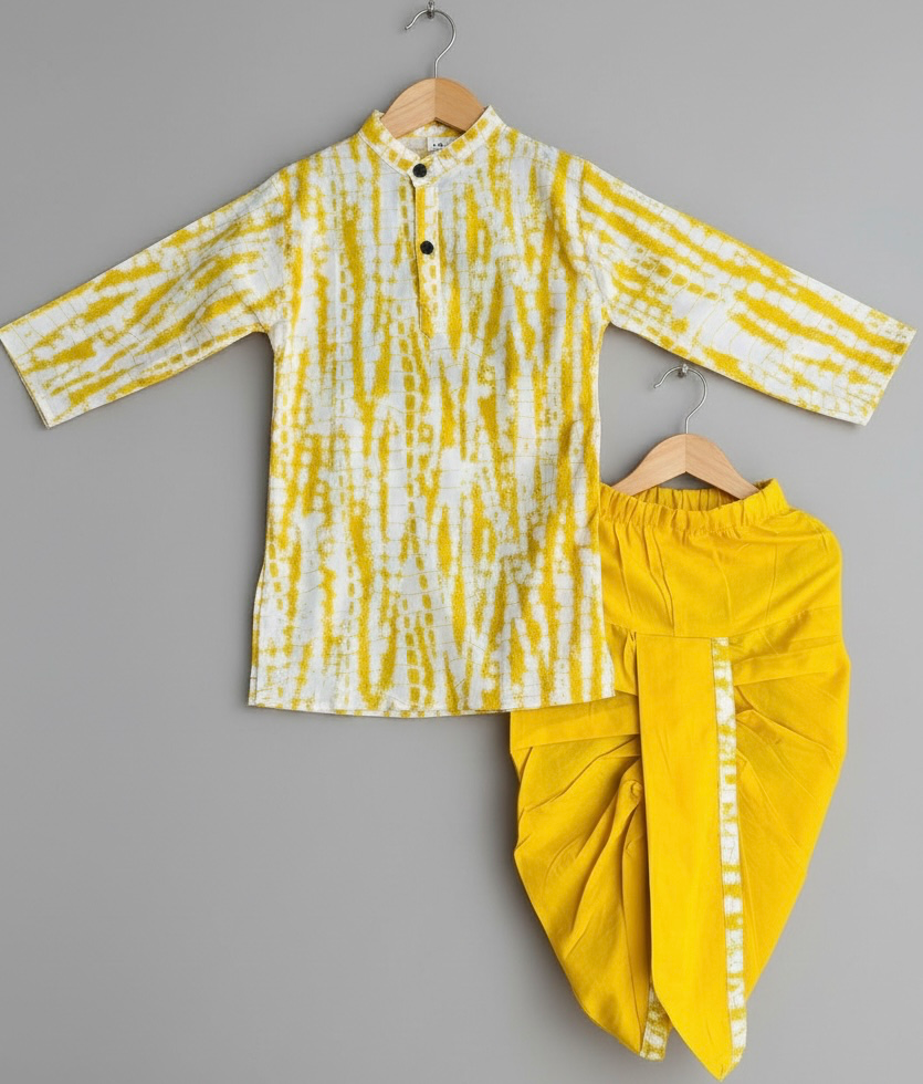 Yellow Tie and Dye Kurta Dhoti Set (1-2)