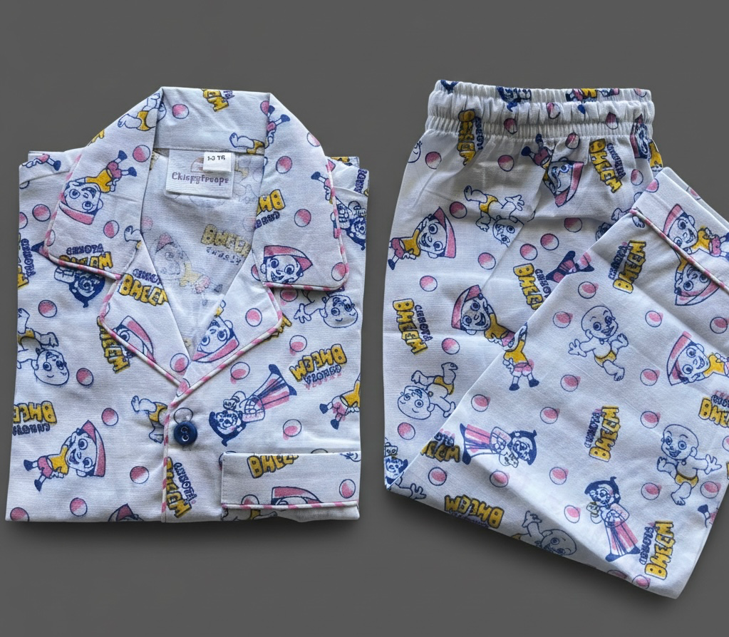 White Night Suit With Pink Chota Bheem and Friends