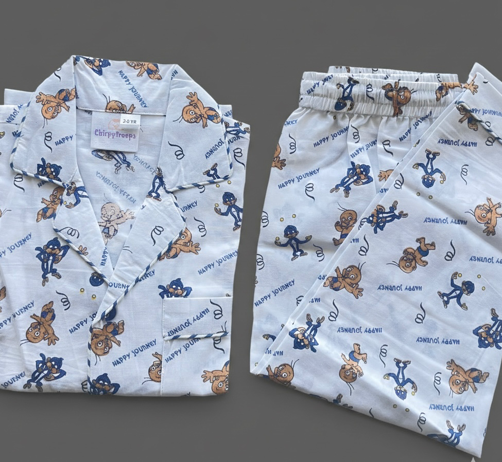 White Pure Cotton Night Suit With Jaggu & Raju - Chota Bheem