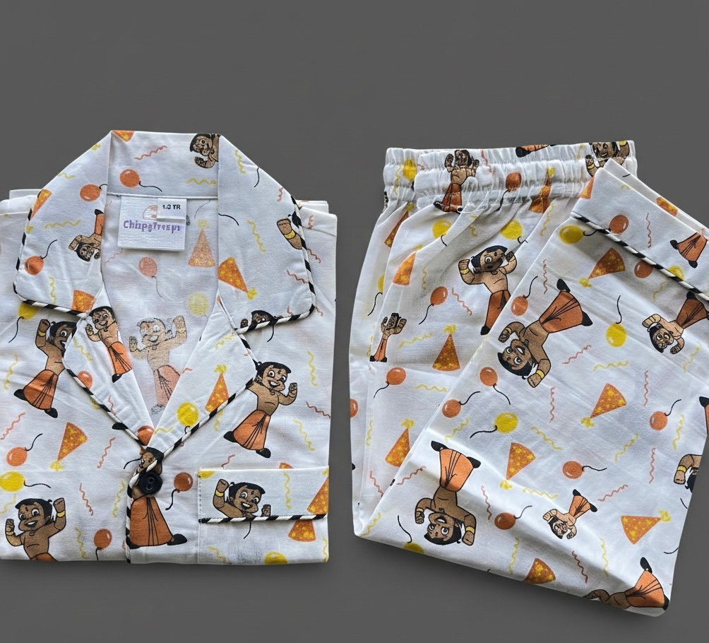 White Pure Cotton Night Suit With Chota Bheem (1-2)