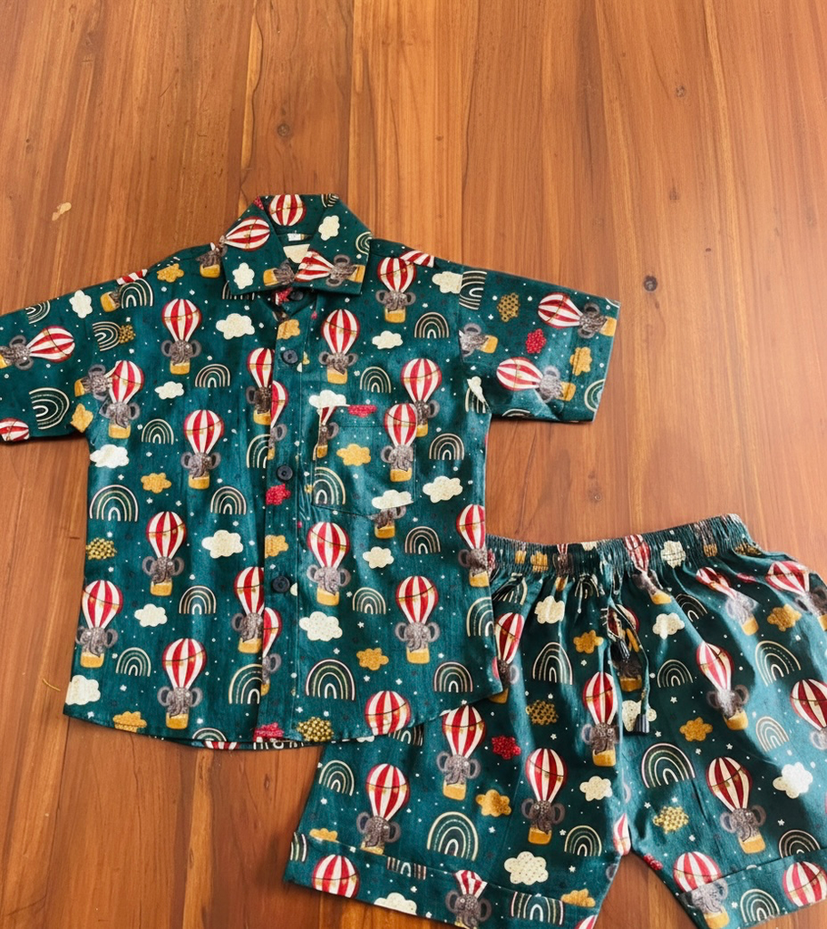 Hot Air Balloon And Elephant Print Pure Cotton Co ord Set (1-2)
