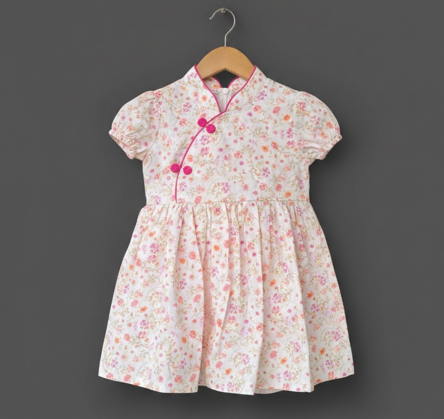 Pink Floral Mandarin Collar Muslin Dress