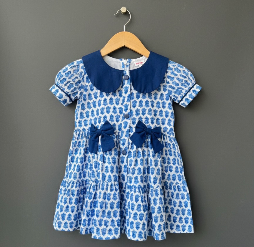 Blue Floral Print Peter Pan Collar Muslin Dress With Bow Details (6-12M)