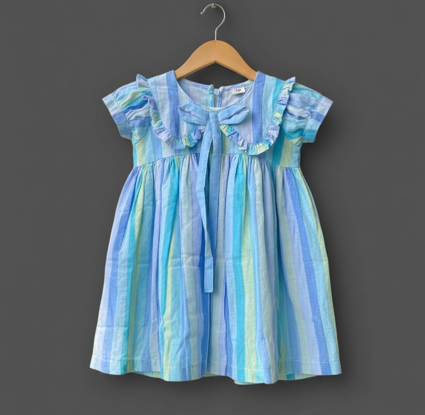 Seaside Sorbet Multi-Stripe Ruffle Collar Dress With Front Bow