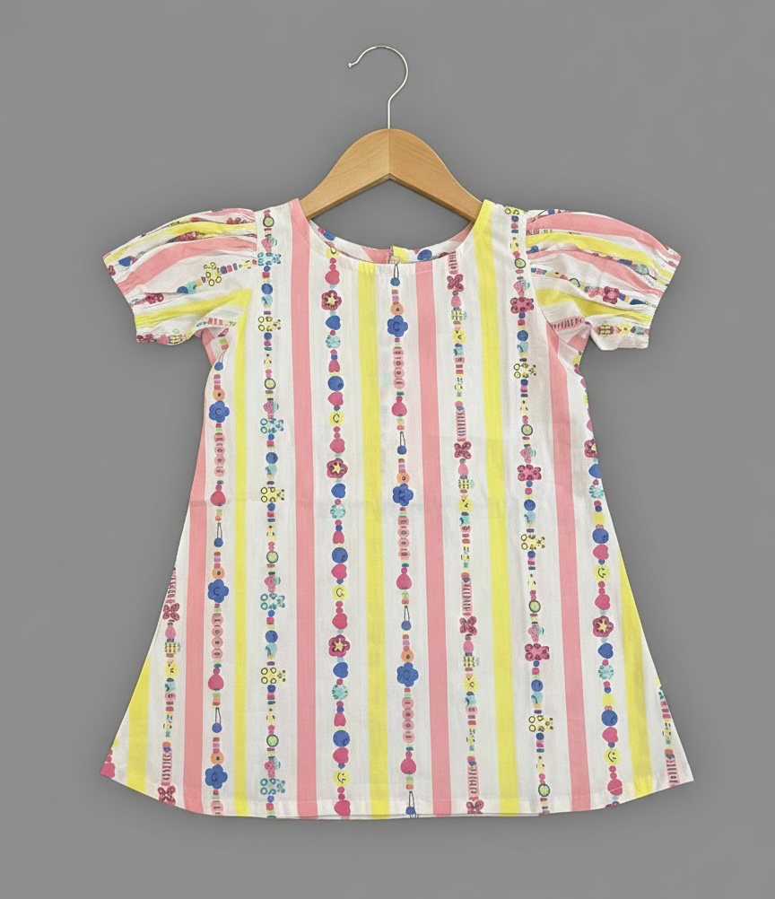 Pink And Yellow Striped Cotton Puff Sleeve A-Line Dress With Bead Print (1-2)