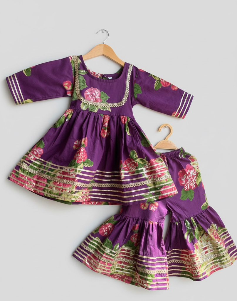 Purple Floral Pure Cotton Gota-Patti Anarkali And Sharara Set (1-2)