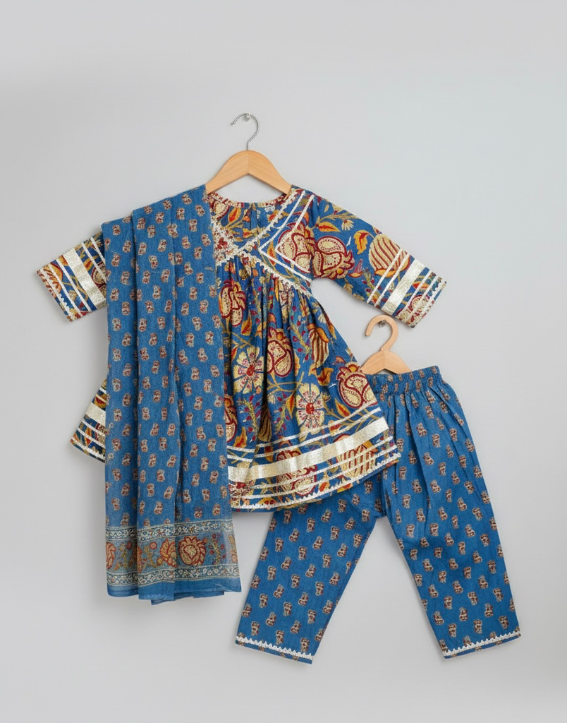 Blue Hand-Block Printed Anarkali Kurta with Dupatta & Pants (1-2)