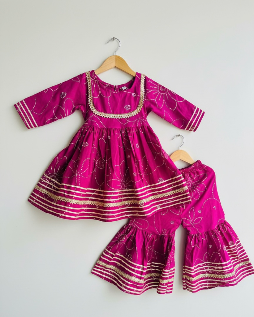 Magenta Dotted Bandhani Style Print Kurti With Flared Sharara (1-2)