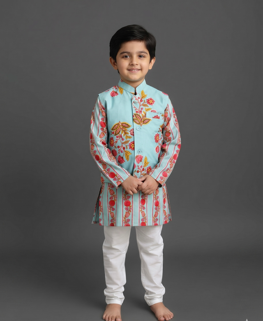 Boys' Blue Floral Print Kurta, Nehru Jacket & Pyjama Set