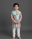 Boys' Blue Floral Print Kurta, Nehru Jacket & Pyjama Set