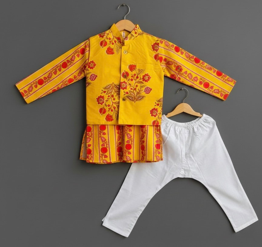 Boys' Yellow Floral Print Kurta, Nehru Jacket & Pyjama Set (12-18 months)
