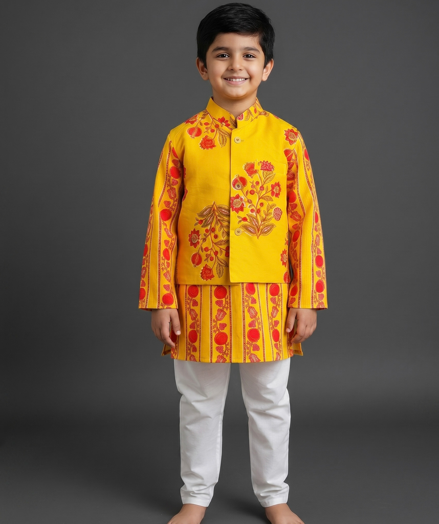 Boys' Yellow Floral Print Kurta, Nehru Jacket & Pyjama Set