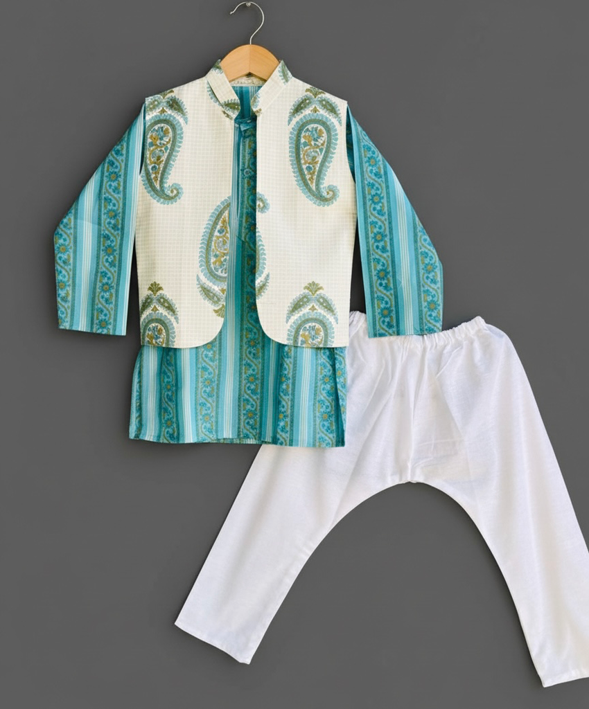 Boys' Aqua & White Paisley Print Kurta, Jacket & Pyjama Set