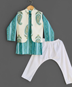 Boys' Aqua & White Paisley Print Kurta, Jacket & Pyjama Set