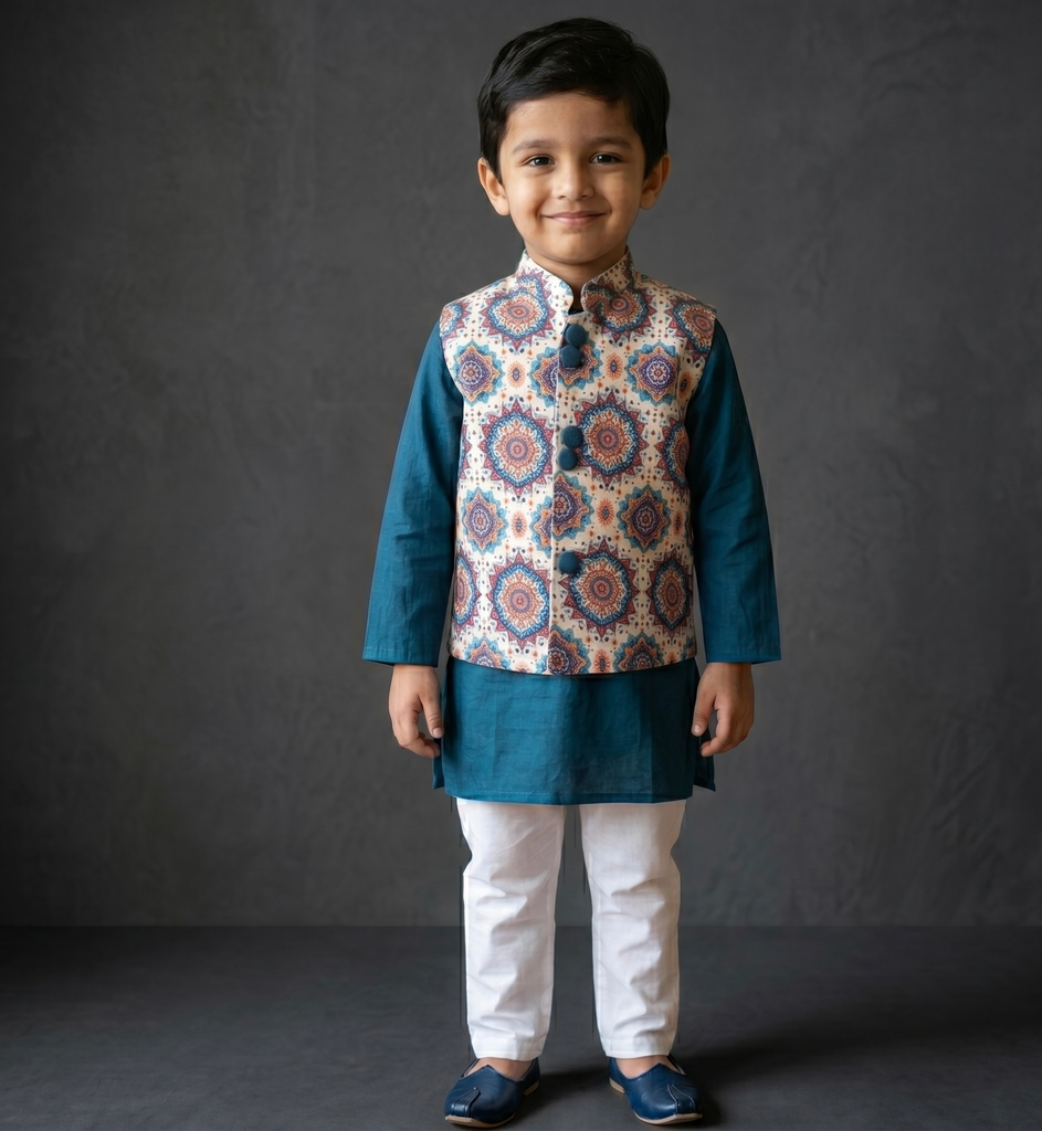 Boys' Teal Blue Kurta, Mandala Printed Jacket & Pyjama Set