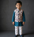 Boys' Teal Blue Kurta, Mandala Printed Jacket & Pyjama Set