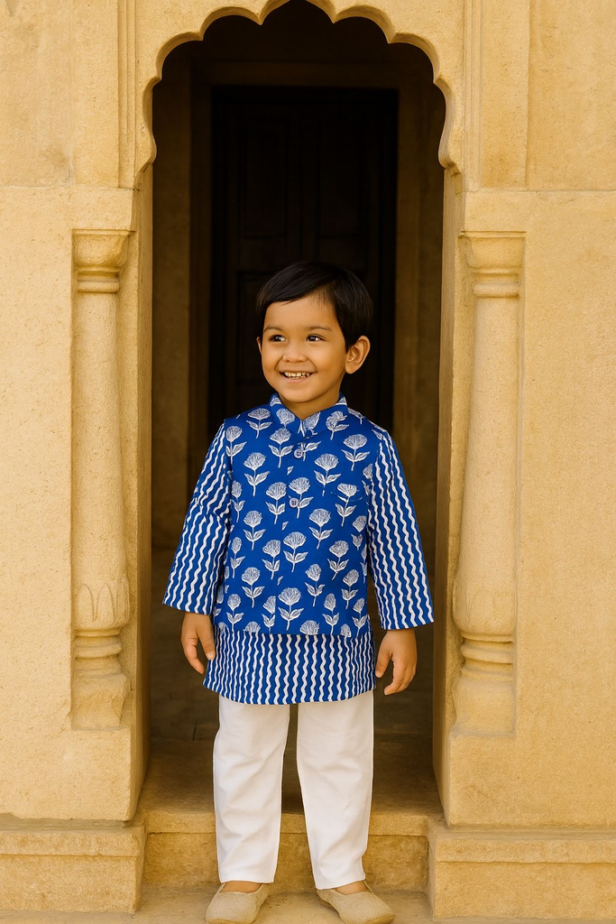 Boys' Royal Blue Leheriya Kurta, Floral Jacket & Pyjama Set