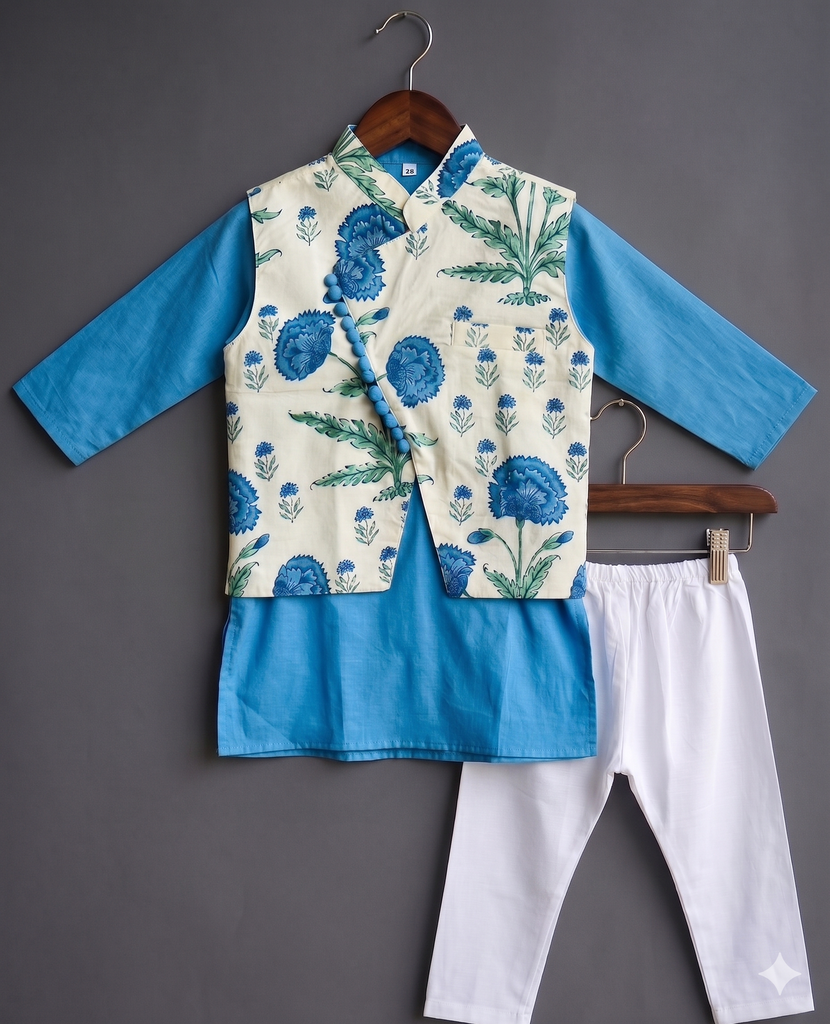 Boys' Blue Floral Kurta, Pyjama & Jacket Set