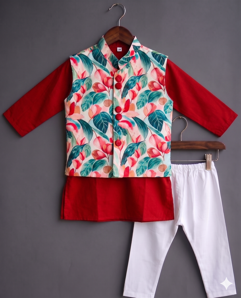 Boys' Maroon Kurta, Floral Jacket & Pyjama Set