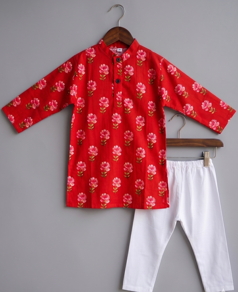 Boys' Red Floral Kurta Pyjama Set