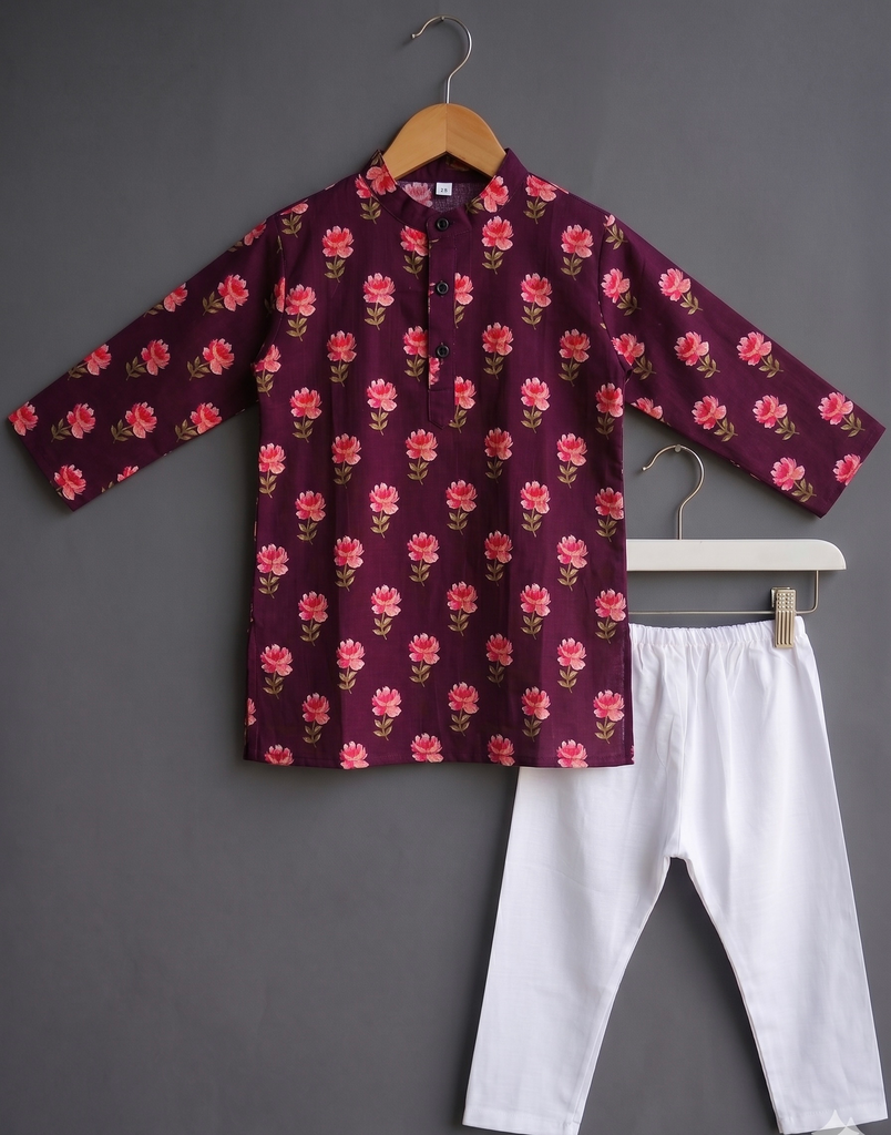 Boys' Maroon Floral Kurta Pyjama Set
