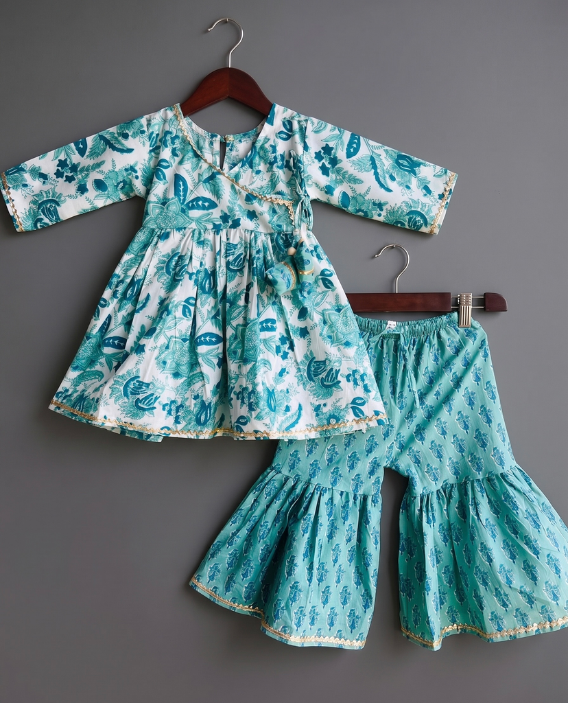 Girls' Ethnic Blue Floral Angrakh Kurta and Sharara Set